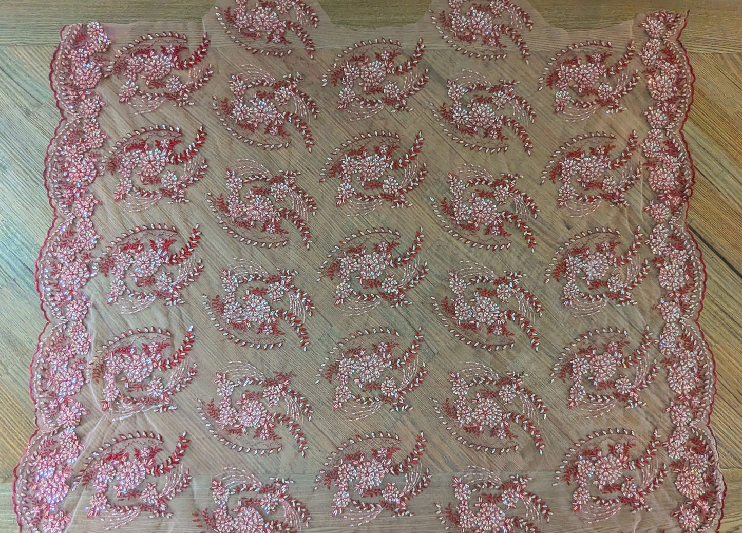 Burngundy and Blush Embroidered & Beaded Lace Fabric