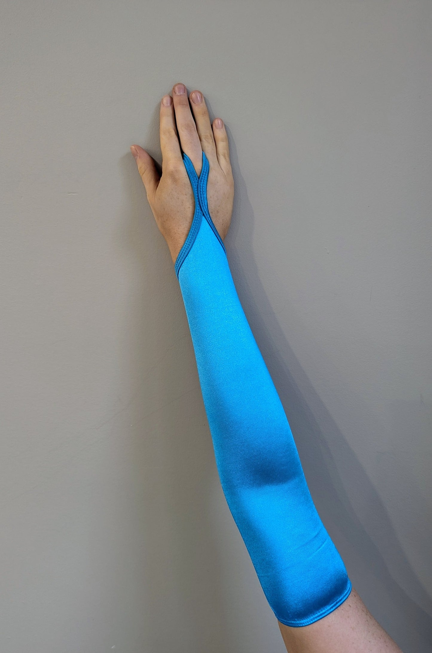 Curtain Call Long Finger Point Gloves - Aqua Satin