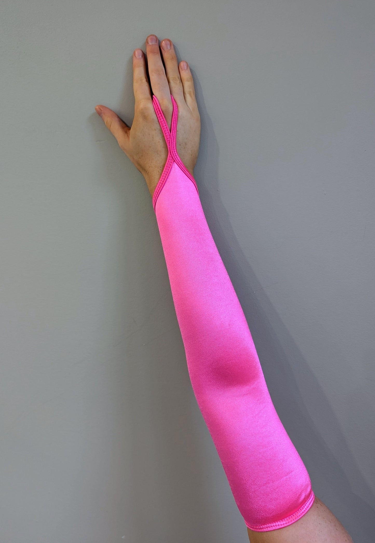 Curtain Call Long Finger Point Gloves - Neon Pink Satin
