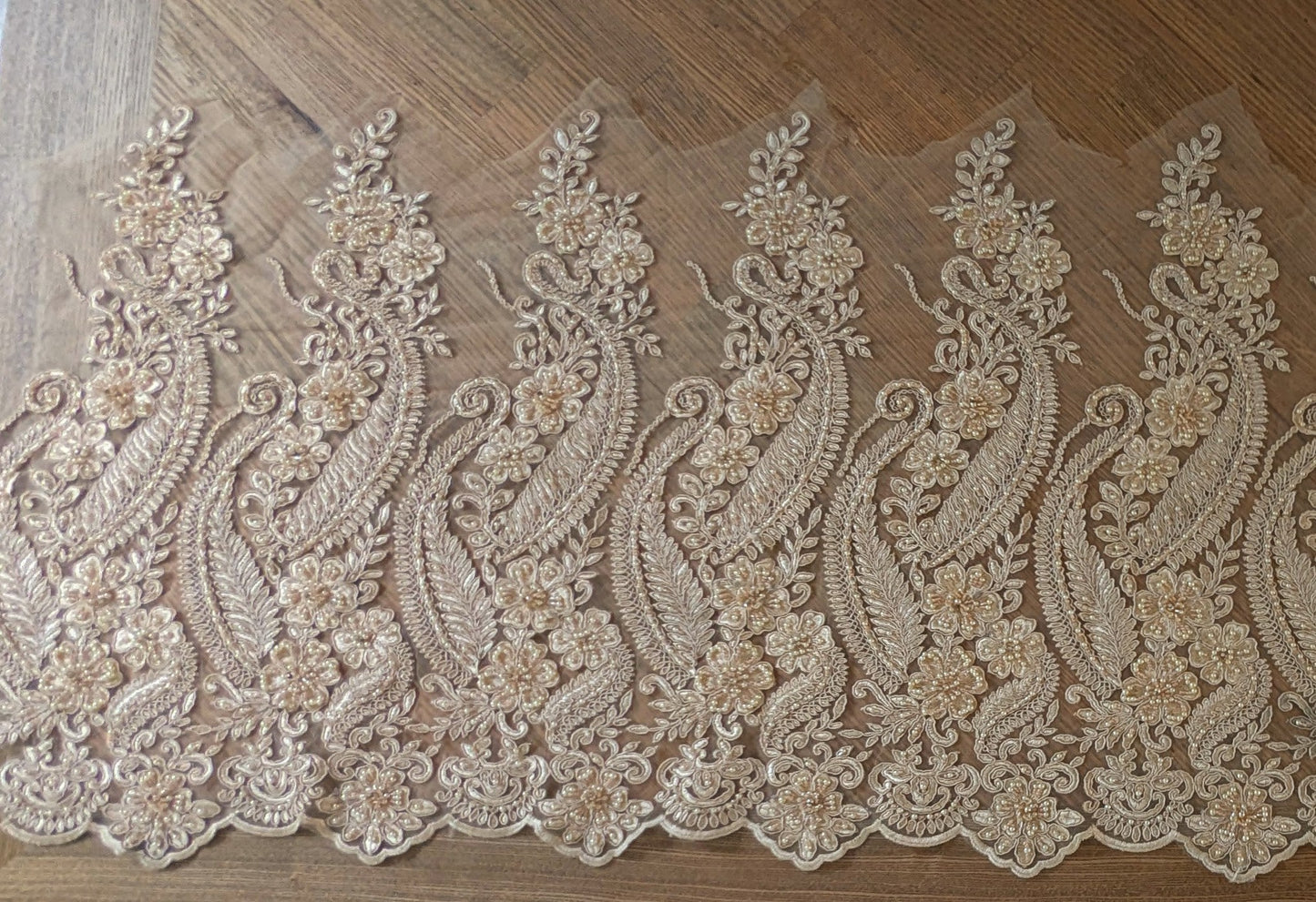 Golden Embroidered & Beaded Lace Fabric - 1m lots
