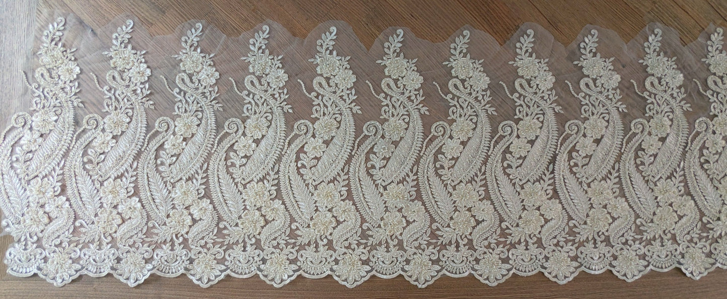 Ivory Embroidered & Beaded Lace Fabric - 1.5m lots