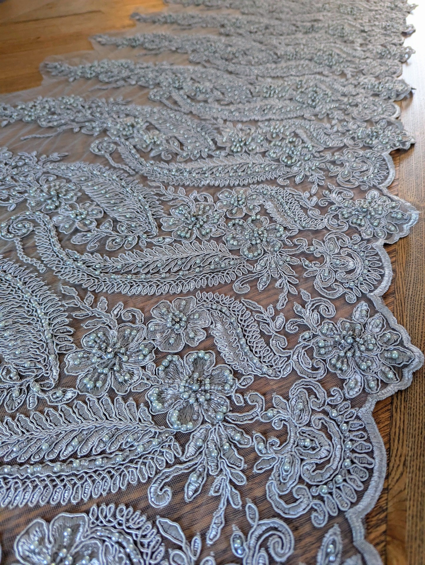 Silver Embroidered & Beaded Lace Fabric - 1.5m lots
