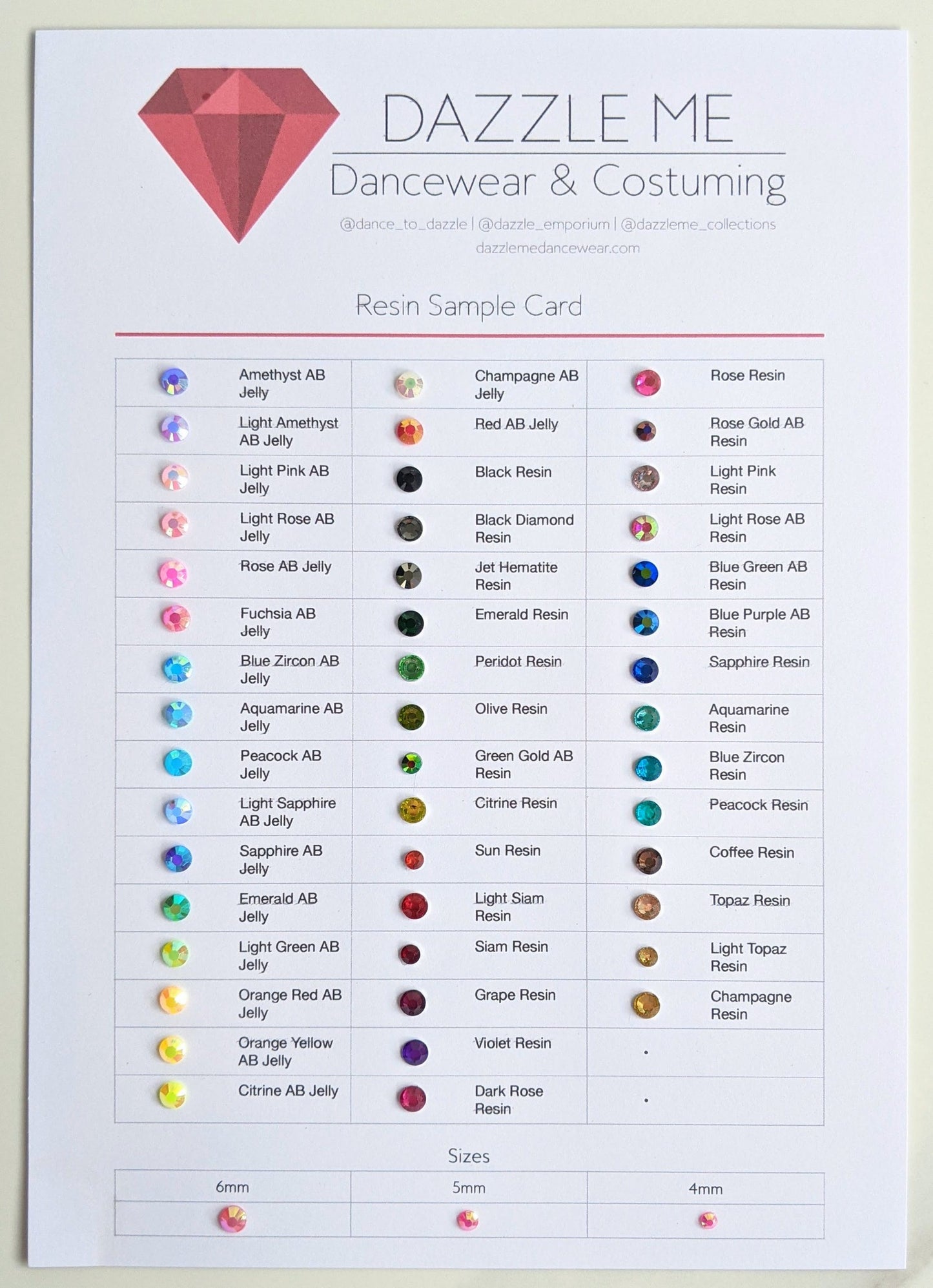 Rhinestone Sample Card