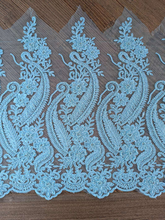 Sky Blue Embroidered & Beaded Lace Fabric - 2m lots