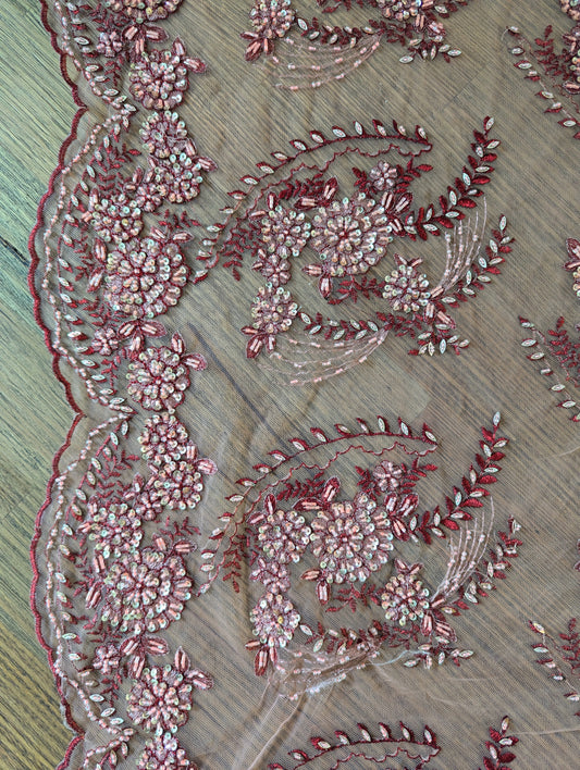 Burngundy and Blush Embroidered & Beaded Lace Fabric