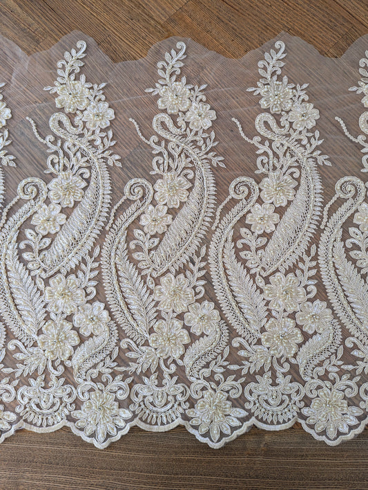 Ivory Embroidered & Beaded Lace Fabric - 1.5m lots