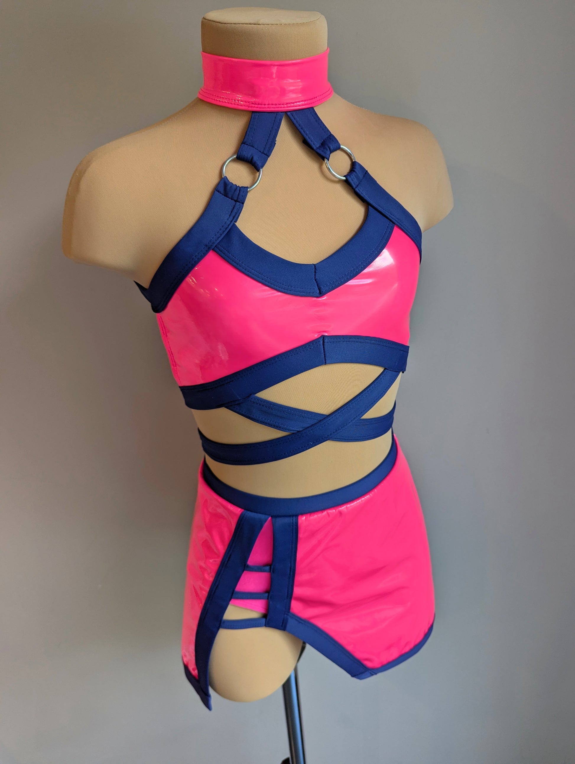 High Gloss Set - Neon Coral PVC & Navy Lycra 