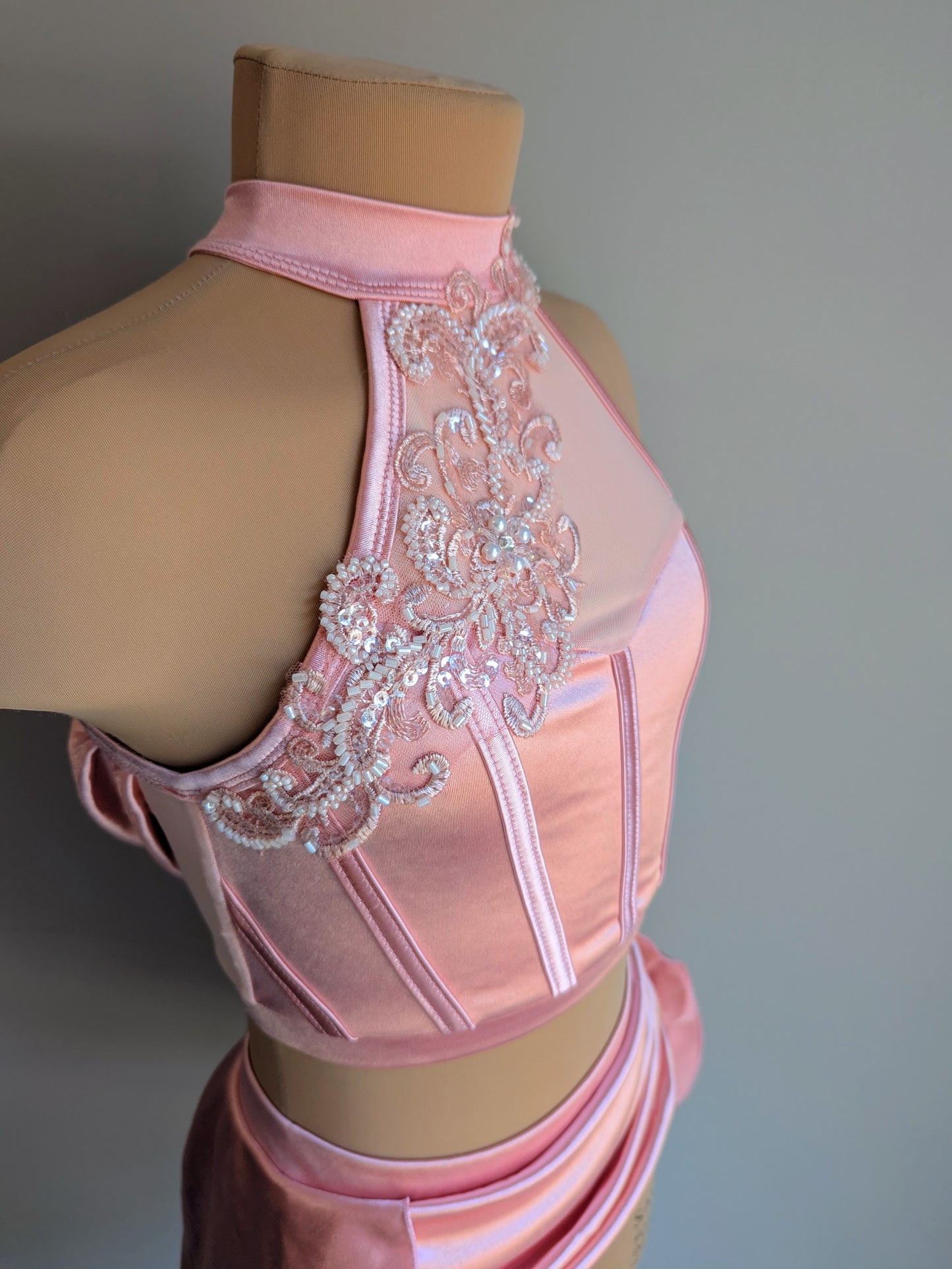 Sunset - Coral Satin with Lace appliqué added by DMDC 