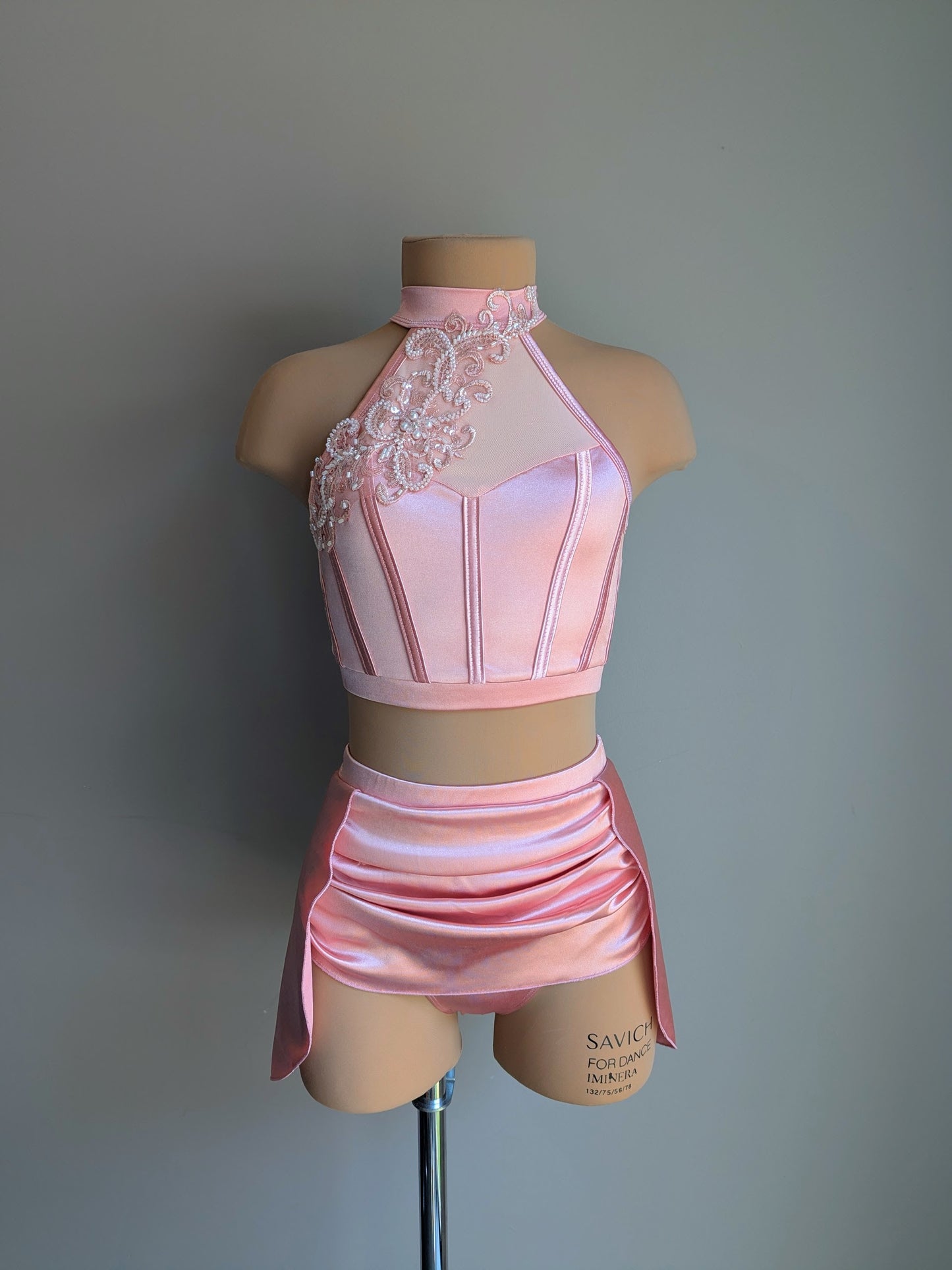 Sunset - Coral Satin with Lace appliqué added by DMDC 
