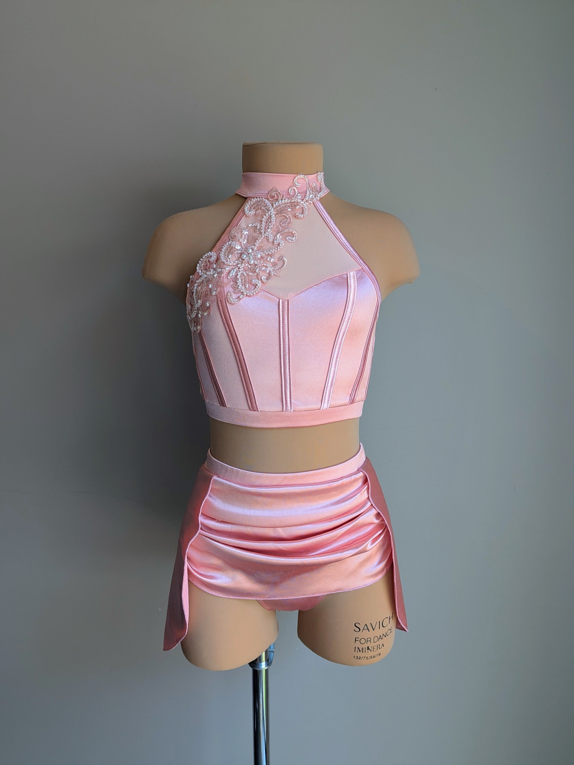Sunset - Coral Satin with Lace appliqué added by DMDC 