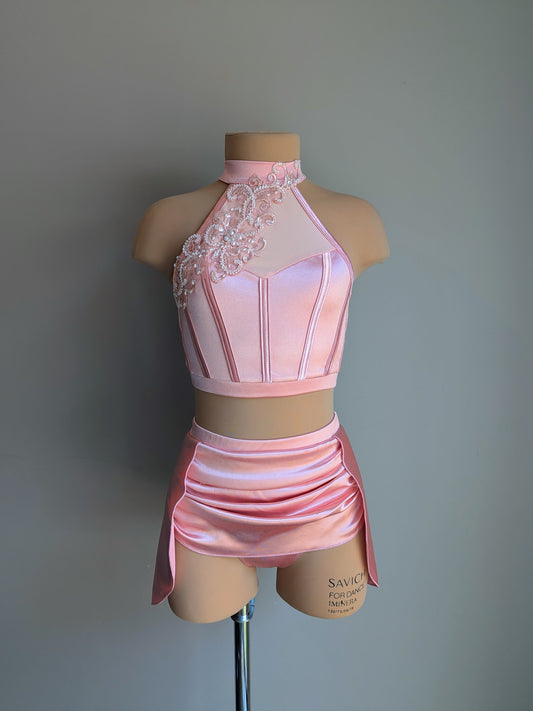Ready Right Now | Sunset - Coral Satin with Lace appliqué added by DMDC 