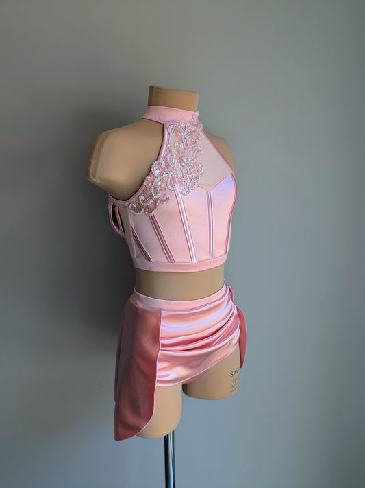 Ready Right Now | Sunset - Coral Satin with Lace appliqué added by DMDC 