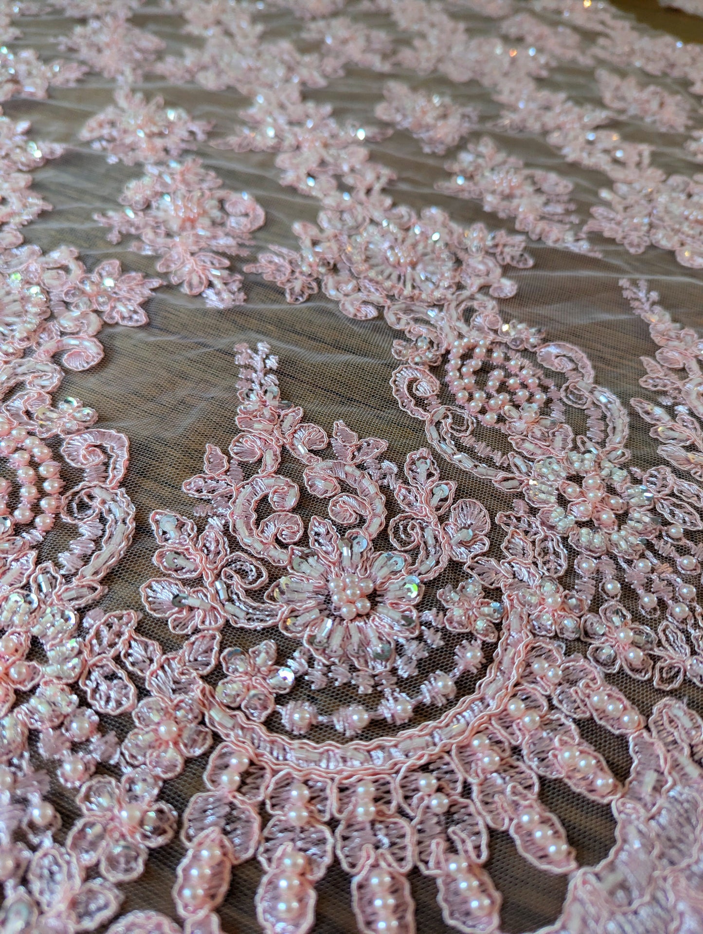 Baby Pink Embroidered & Beaded Lace Fabric - Dazzle Me Dancewear