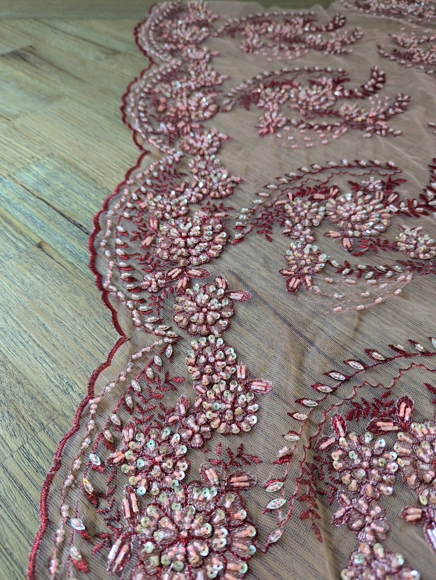 Burngundy and Blush Embroidered & Beaded Lace Fabric - Dazzle Me Dancewear