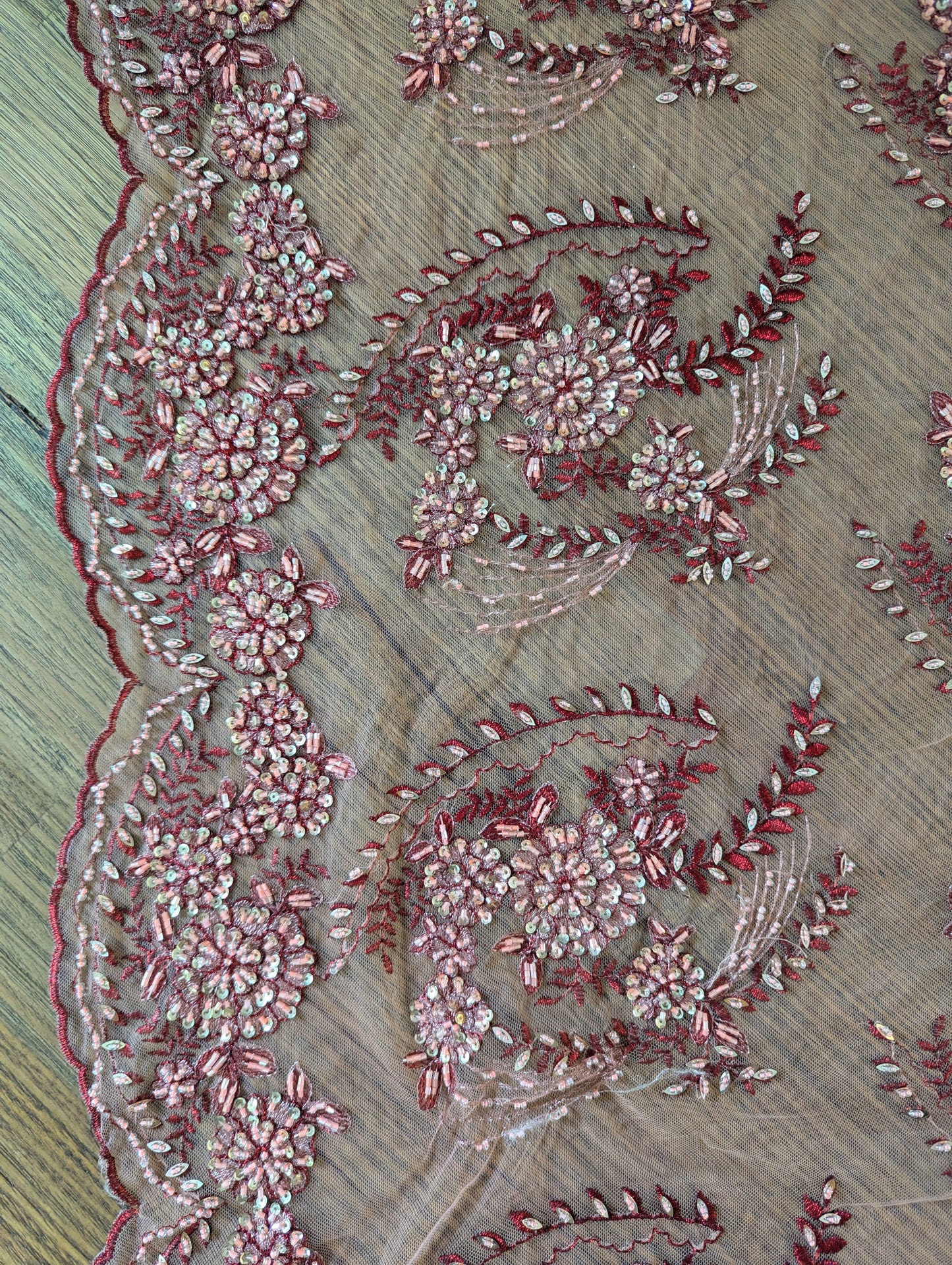 Burngundy and Blush Embroidered & Beaded Lace Fabric - Dazzle Me Dancewear