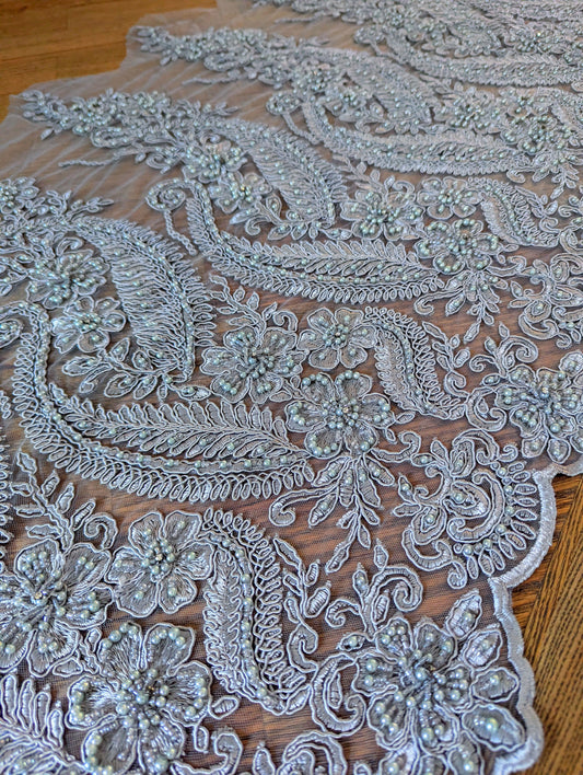 Silver Embroidered & Beaded Lace Fabric - 1.5m lots - Dazzle Me Dancewear