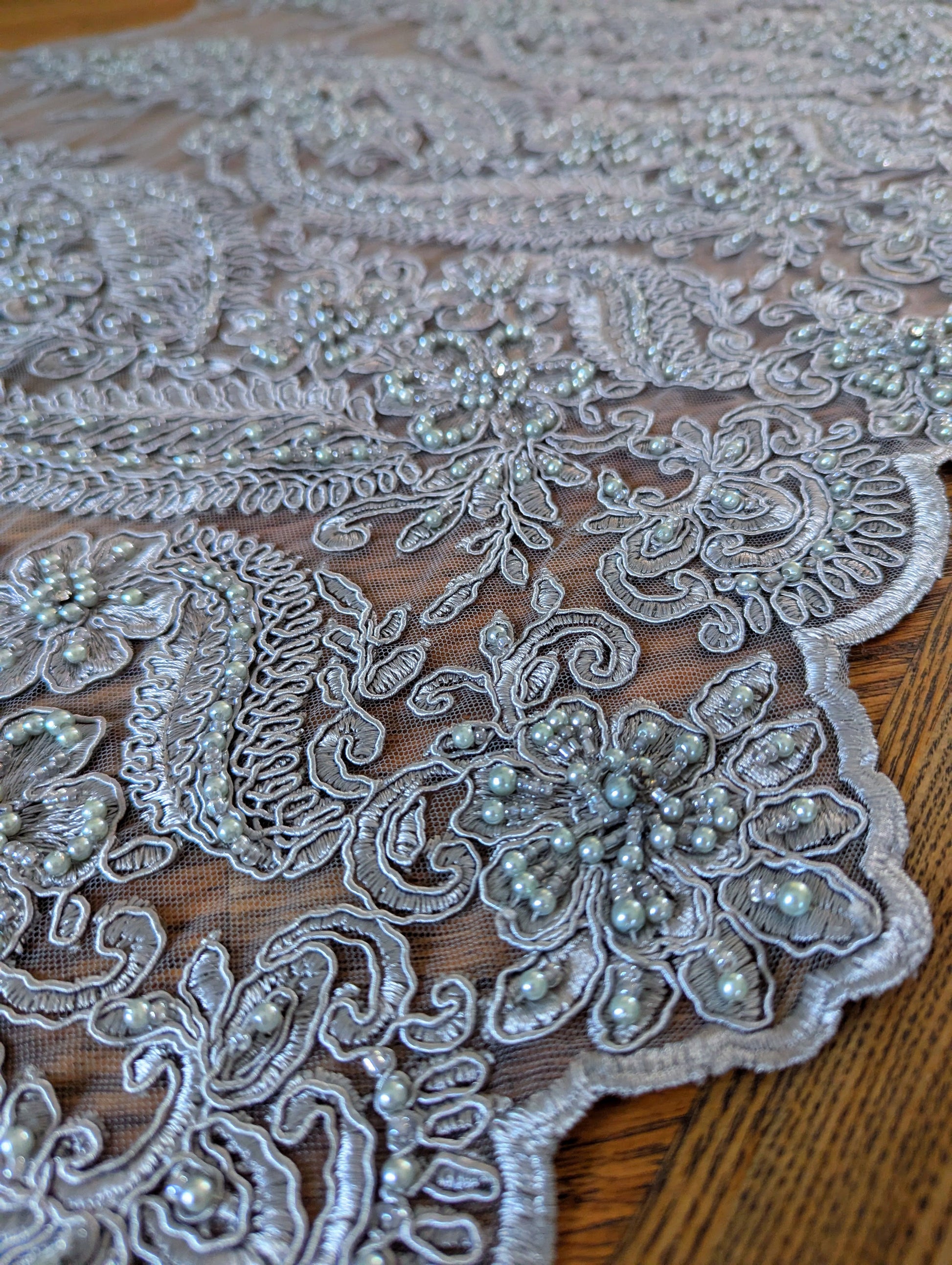 Silver Embroidered & Beaded Lace Fabric - 1.5m lots - Dazzle Me Dancewear