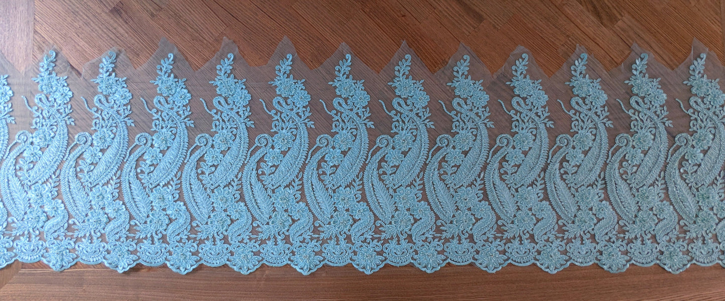 Sky Blue Embroidered & Beaded Lace Fabric - 2m lots - Dazzle Me Dancewear