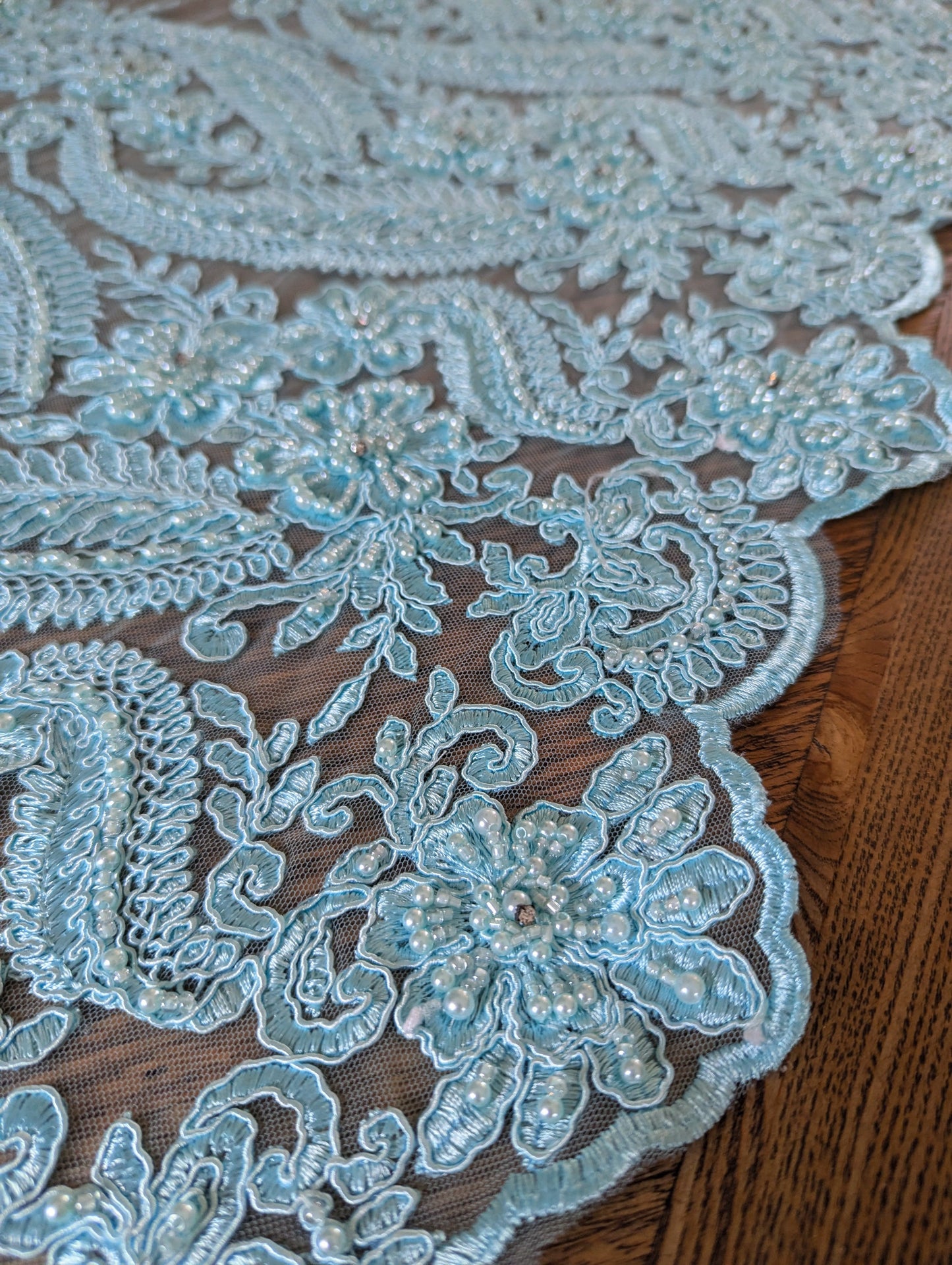 Sky Blue Embroidered & Beaded Lace Fabric - 2m lots - Dazzle Me Dancewear