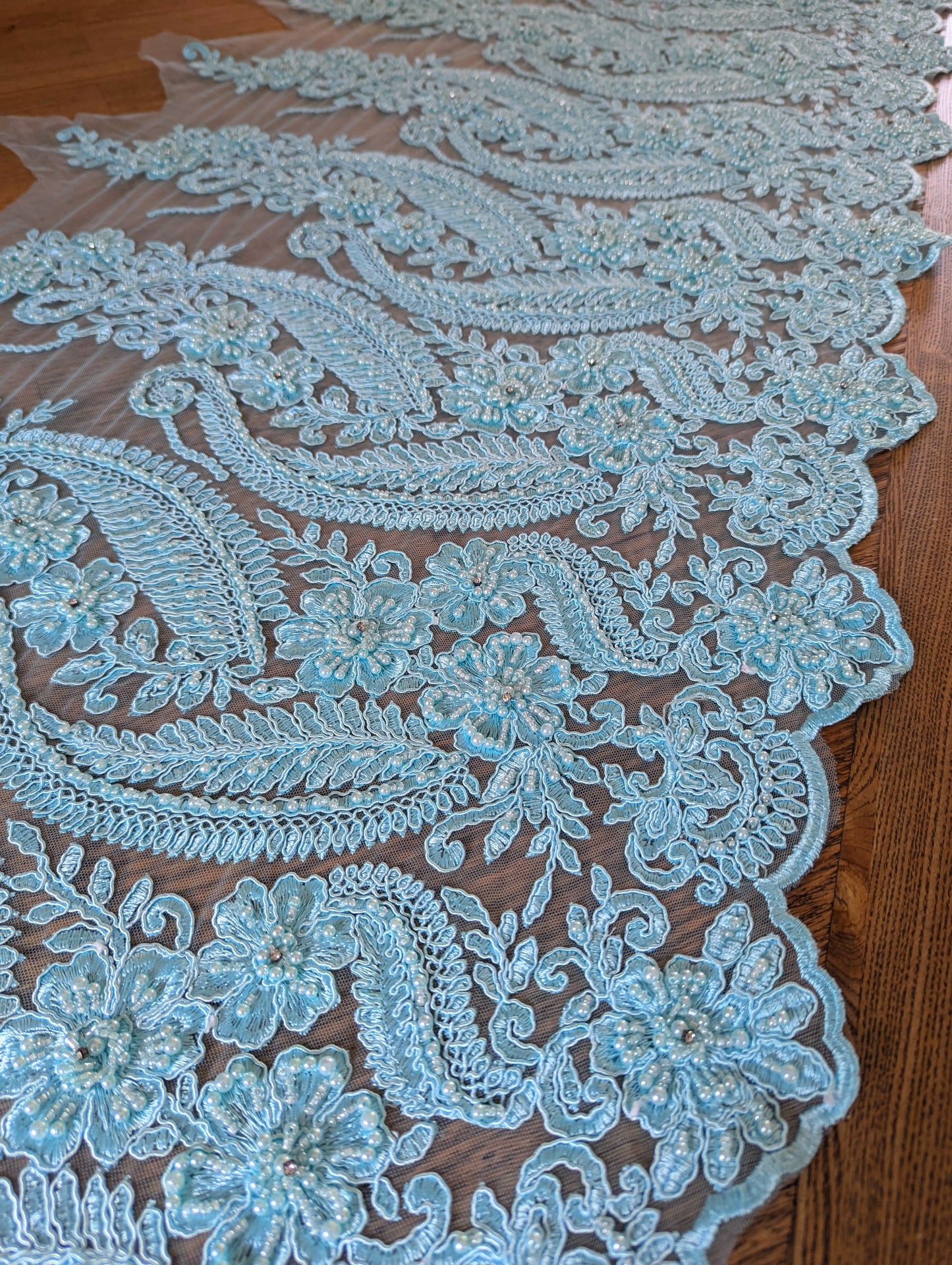 Sky Blue Embroidered & Beaded Lace Fabric - 2m lots - Dazzle Me Dancewear